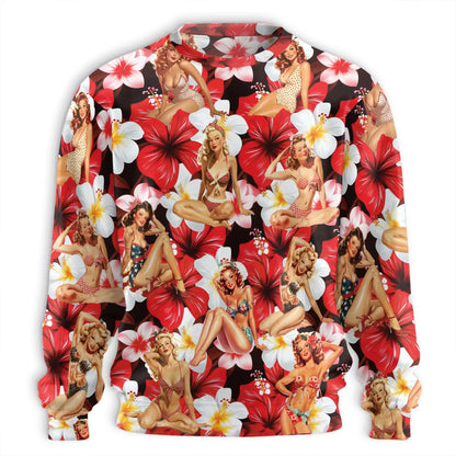 Pinup Girls Retro Tropical Red Sweatshirt, 3D All Over Print Vintage Pinup Crewneck Pullover for Men Women, Retro Style Gift - Netecom