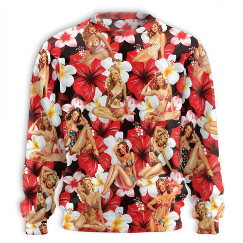Pinup Girls Retro Tropical Red Sweatshirt, 3D All Over Print Vintage Pinup Crewneck Pullover for Men Women, Retro Style Gift - Netecom