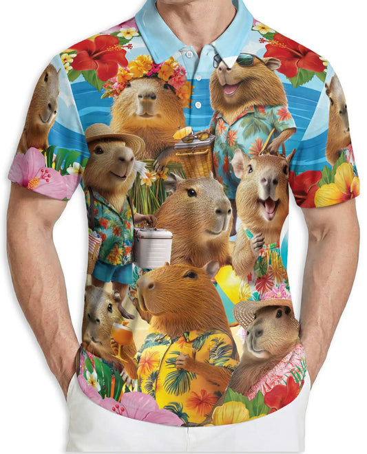 Capybara Tropical 3D Polo Shirt for Men – Funny Summer Animal Style | Netecom