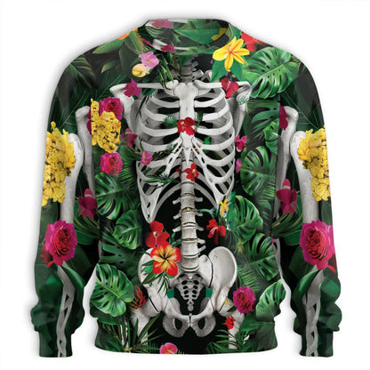 Skeleton Flowers Sweatshirt, 3D All Over Print Floral Skull Crewneck Pullover for Men Women, Gothic Skeleton Lover Gift - Netecom