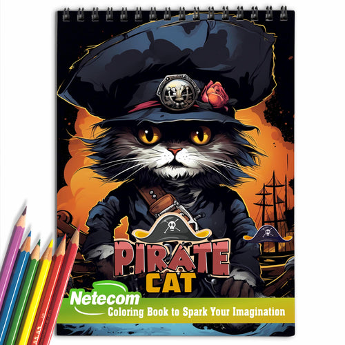 Pirate Cat Spiral Bound Coloring Book, 30 Charming Pages for Coloring Enthusiasts to Embrace the Shadows, Textures, and Details of the Pirate Cat's Adventures