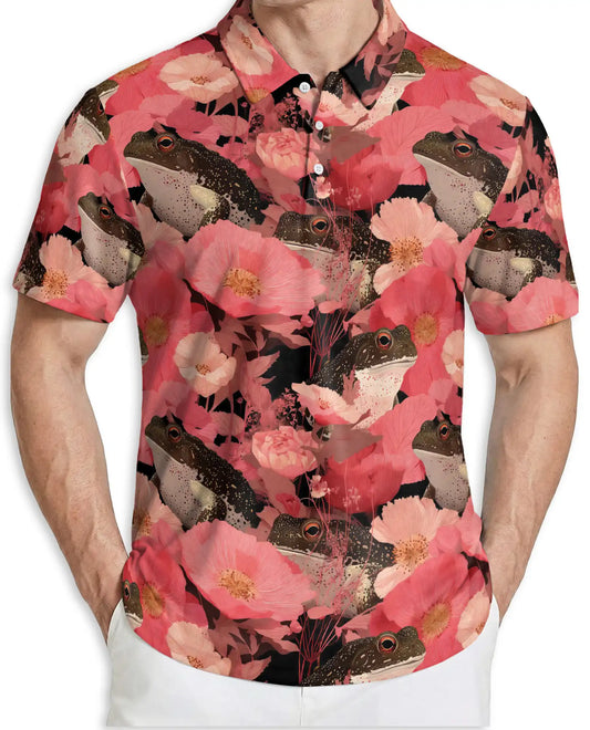 Floral Frog Garden Polo Shirt Botanical Wildflower Nature Pattern | Netecom