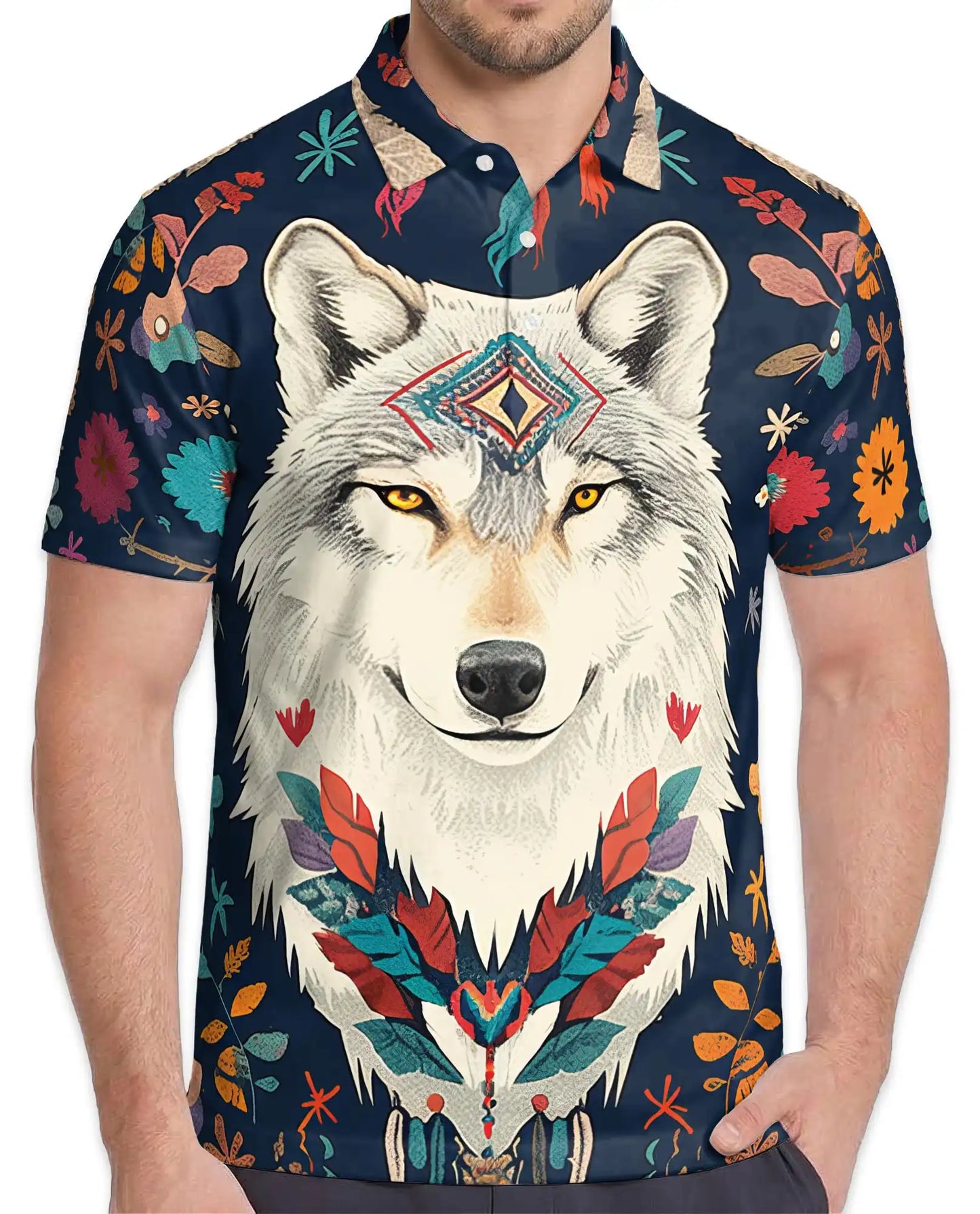 Boho Wolf Polo Shirt - Spirit Animal Nature Style | Netecom