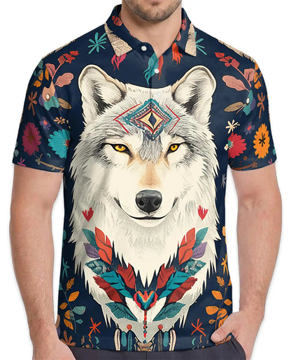 Boho Wolf Polo Shirt - Spirit Animal Nature Style | Netecom