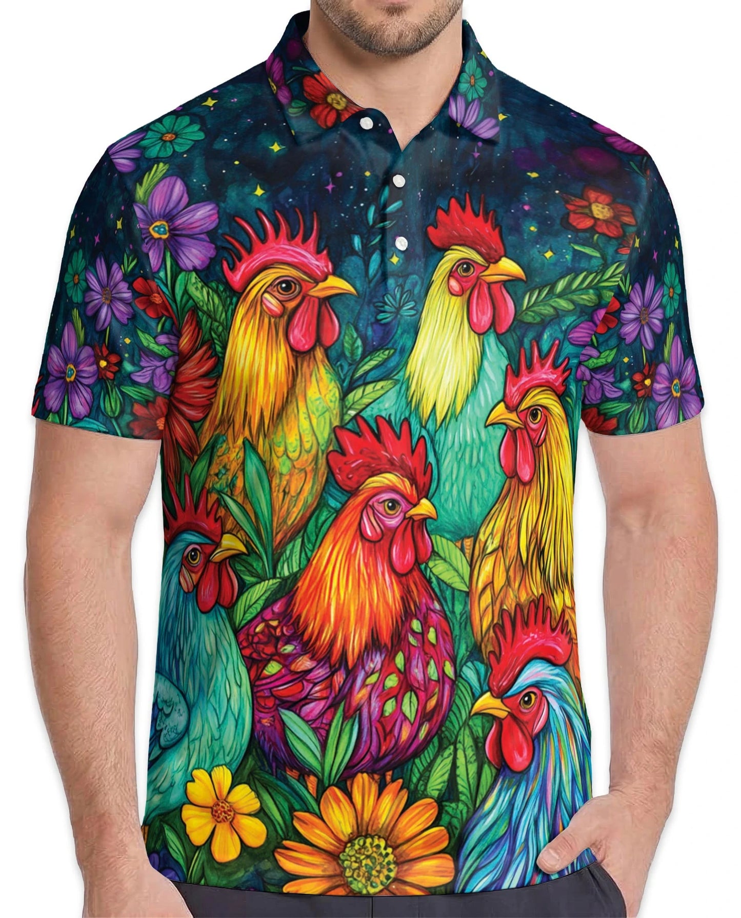 Vibrant Neon Rooster Polo Shirt for Men – Fantasy Art Style | Netecom