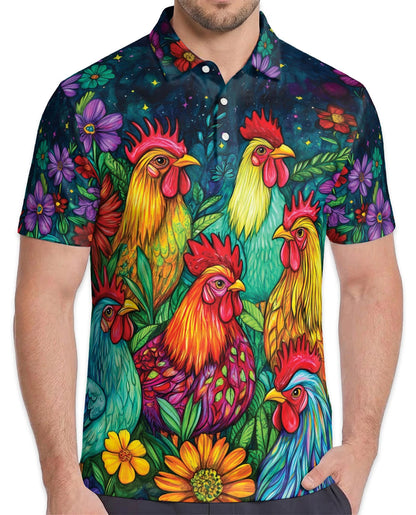 Vibrant Neon Rooster Polo Shirt for Men – Fantasy Art Style | Netecom