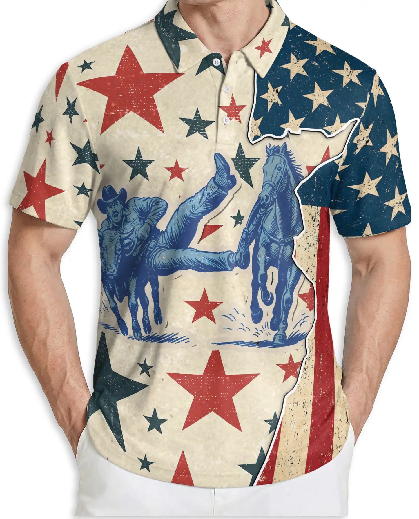 Vintage Cowboy Rodeo Polo Shirt Patriotic Western Stars Print | Netecom