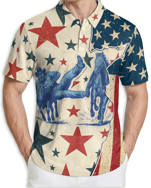 Vintage Cowboy Rodeo Polo Shirt Patriotic Western Stars Print | Netecom