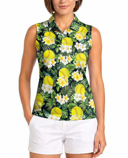 Yellow Softball And Plumeria Print Sleeveless Polo Shirt for Women  | Netecom