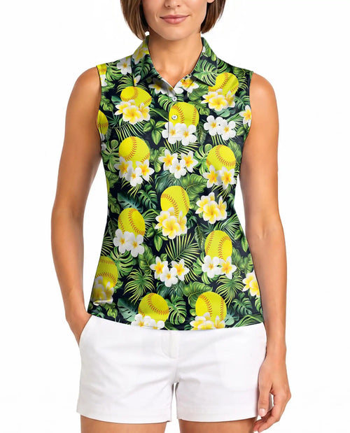 Yellow Softball And Plumeria Print Sleeveless Polo Shirt for Women  | Netecom