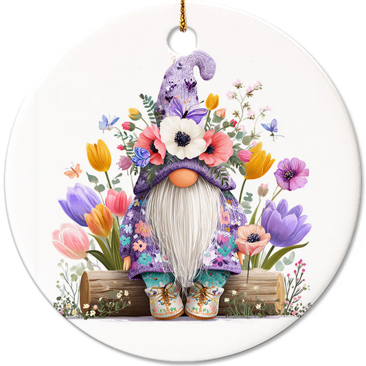 Netecom Vintage Purple Gnome Floral Christmas Ornament, Cute Scandinavian Tomte Ceramic Ornament for Xmas Tree Hanging Decorations Gift, Gnome Lover Gifts, Home Decor, Holiday Party Present