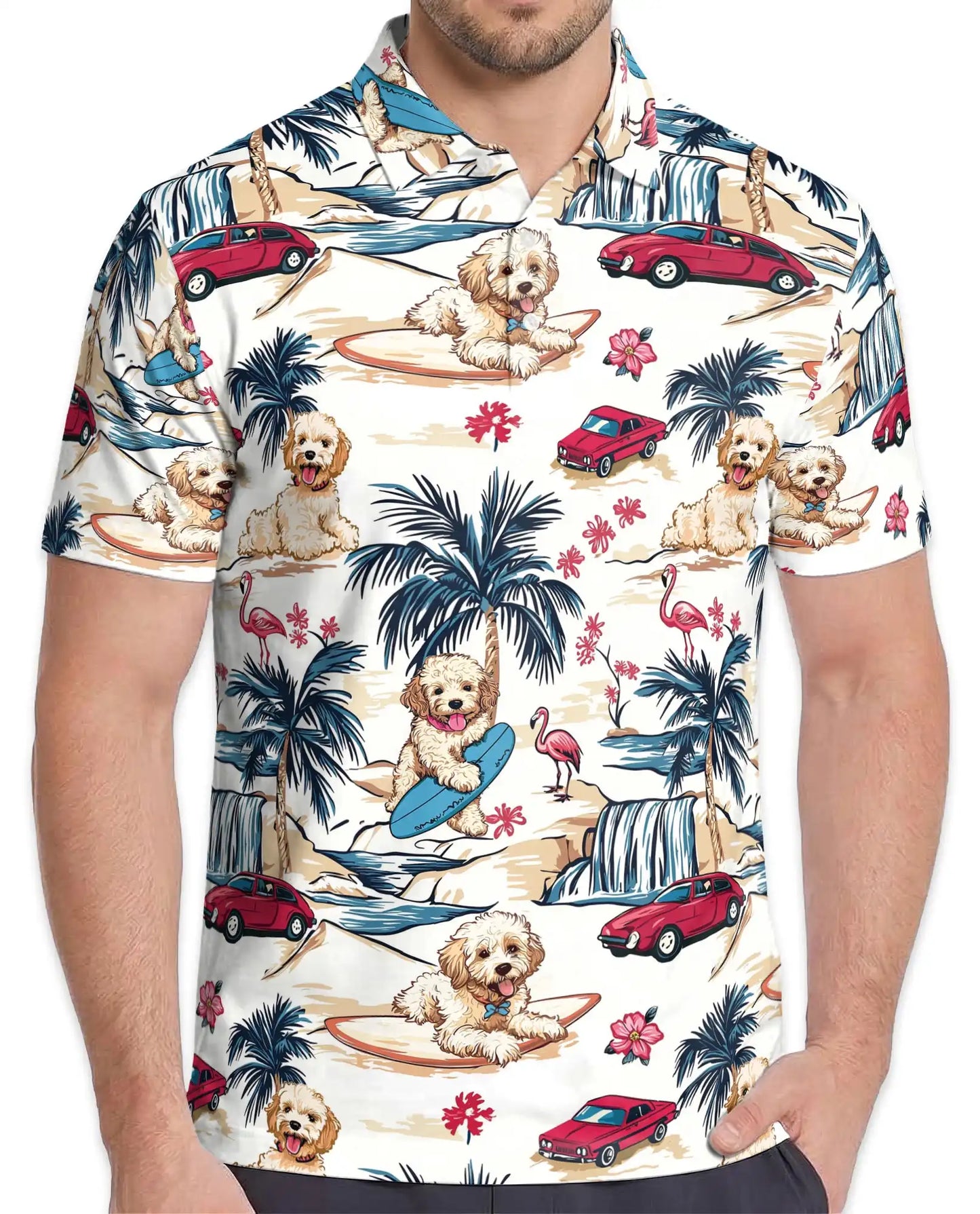 Surfing Dog Beach Polo Shirt - Coastal Tropical Vacation Style | Netecom