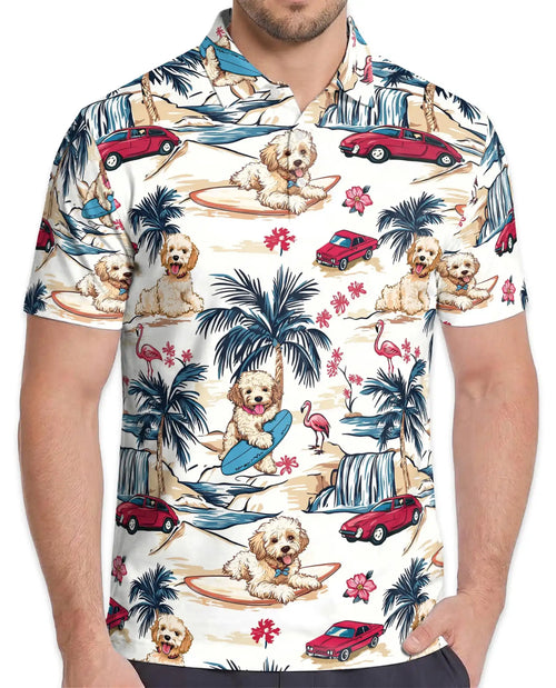 Surfing Dog Beach Polo Shirt - Coastal Tropical Vacation Style | Netecom