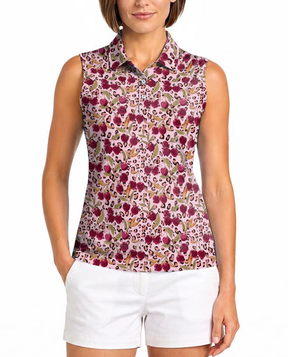 Pink Leopard Cherry Sleeveless Polo Shirt for Women – Cute Wild Fruit Style | Netecom
