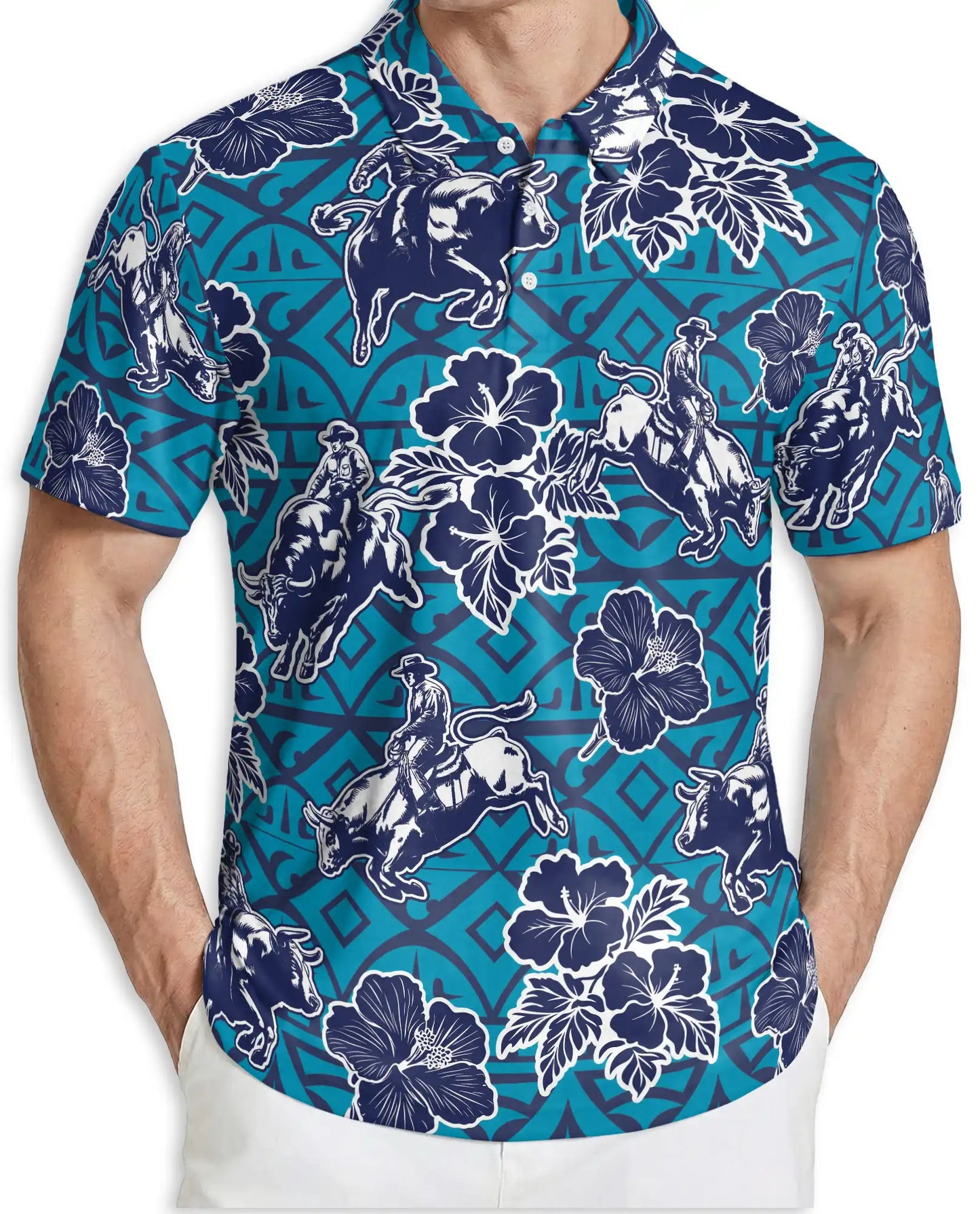 Cowboy Rodeo Polo Shirt – Blue Western Floral Print | Netecom