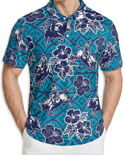 Cowboy Rodeo Polo Shirt – Blue Western Floral Print | Netecom