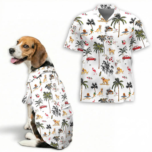Cute Golden Retriever Beach Print Hawaii Dog and Owner Matching Button Shirts