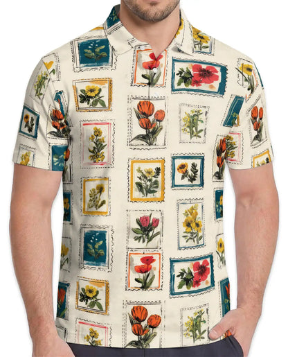 Floral Stamp Polo Shirt for Men – Vintage Botanical Style | Netecom