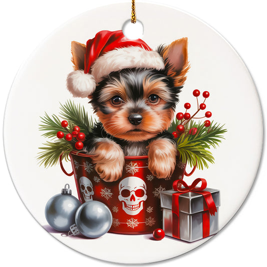 Netecom Cute Yorkshire Terrier Puppy in Bucket Ornament, Dog with Santa Hat Ceramic Ornament for Christmas Tree Hanging Decorations Gift, Pet Lover Gifts, Home Decor, Holiday Party Present