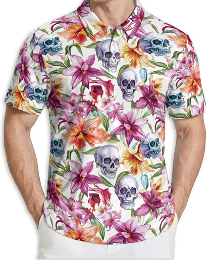 Skull Orchid Floral Polo Shirt-Gothic Botanical Flower Pattern Design | Netecom