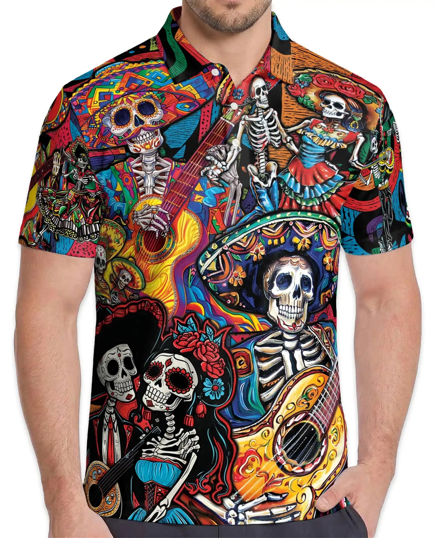 Colorful Skeleton Guitar Polo Shirt for Men – Musical Skull Design | Netecom