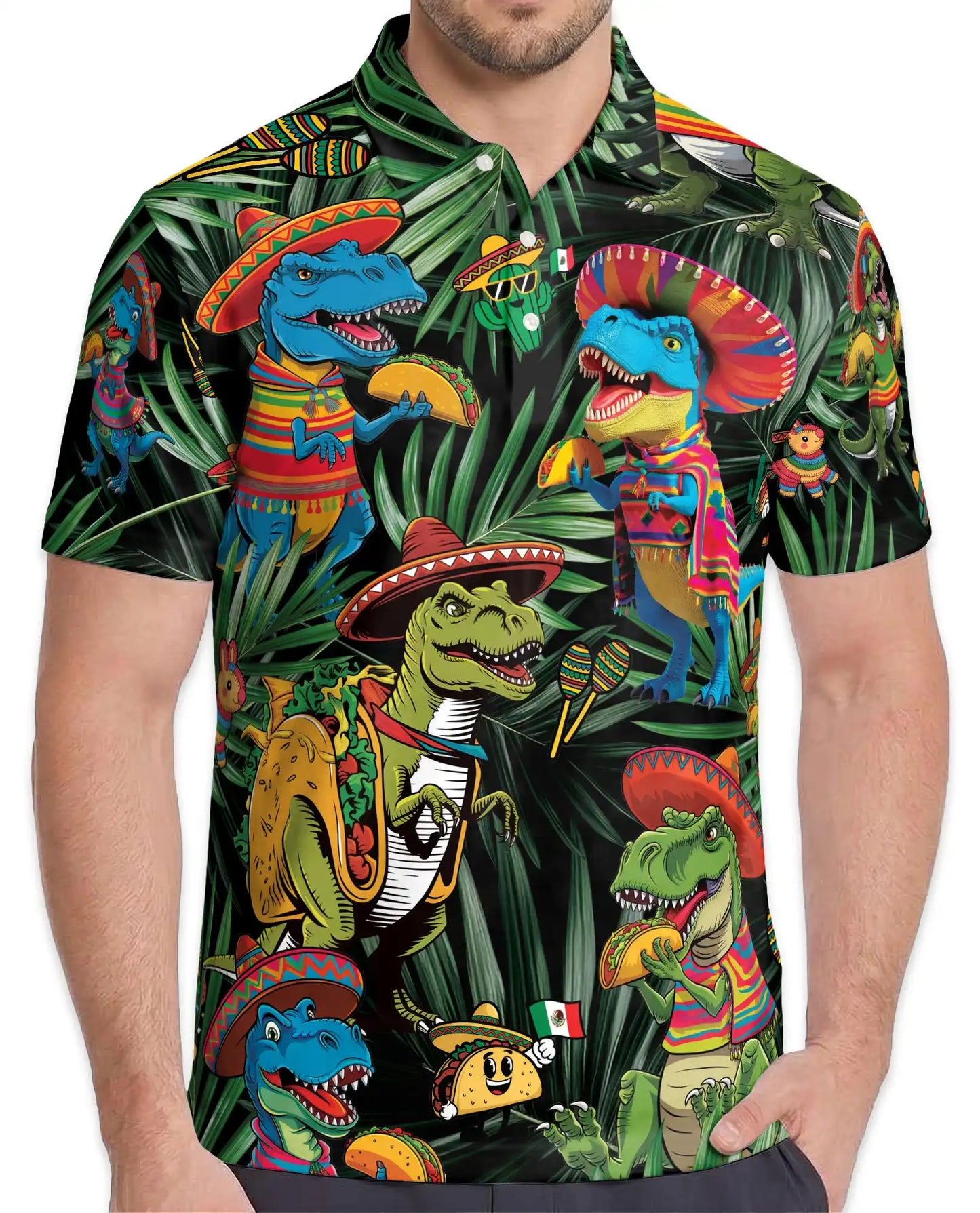 Fiesta Dinosaur Taco Hawaiian Polo Shirt-Funny Mexican Party Design | Netecom