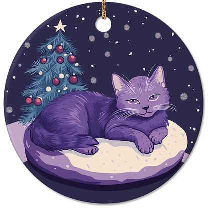 Netecom Purple Cat Christmas Ornaments, Ceramic Cat Resting Keepsake Ornament for Christmas Tree Decorations, Kitten Lover Gift, Gifts for Holiday, Party, Home Decor