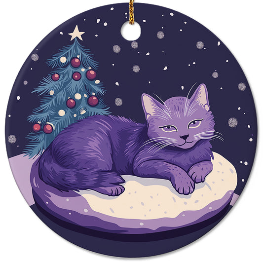 Netecom Purple Cat Christmas Ornaments, Ceramic Cat Resting Keepsake Ornament for Christmas Tree Decorations, Kitten Lover Gift, Gifts for Holiday, Party, Home Decor