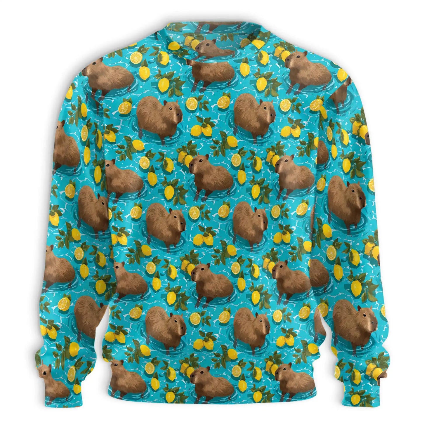 Cute Capybara in Water with Lemons Sweatshirt, 3D All Over Print Tropical Animal Crewneck Pullover for Men Women, Capybara Lover Gift - Netecom