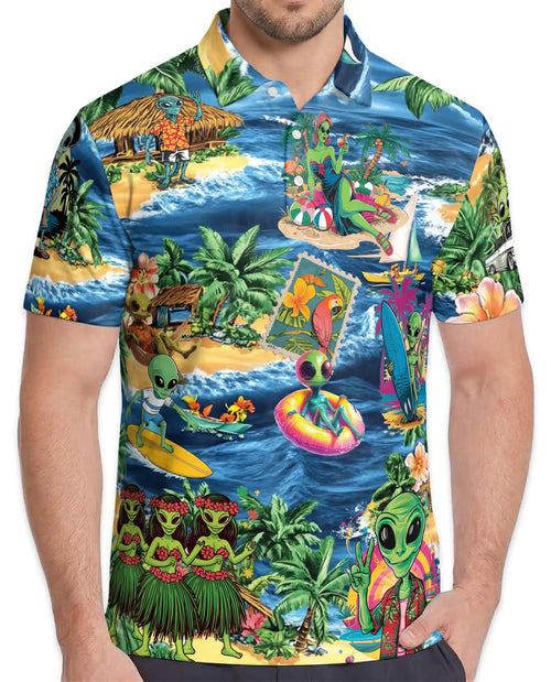 Alien Beach Hawaiian Polo Shirt - Funny UFO Tropical Surfing Design | Netecom