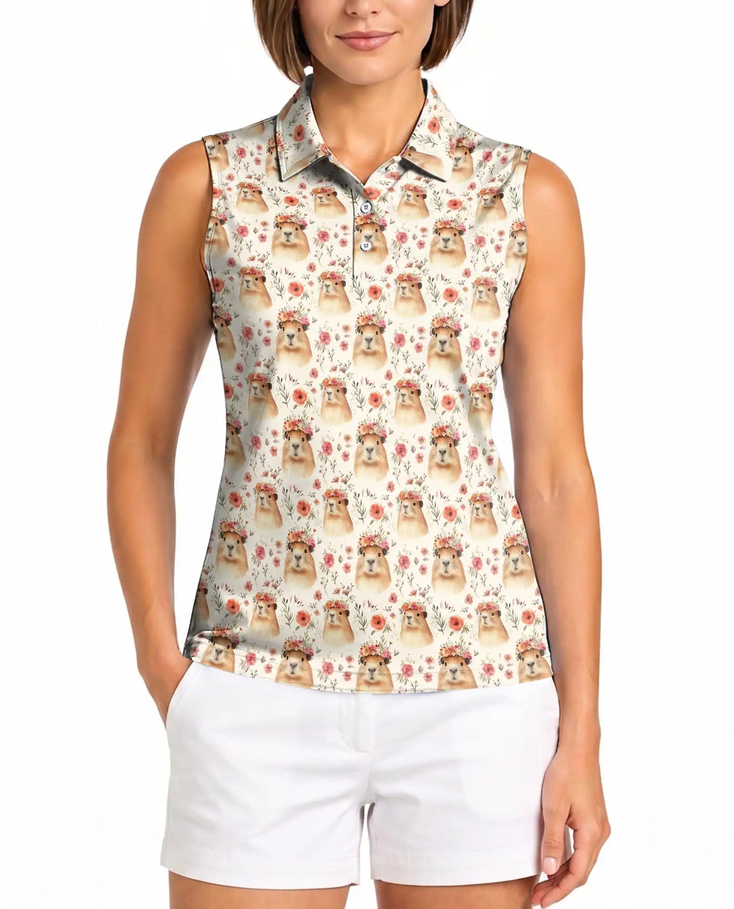 Floral Capybara Pattern Sleeveless Polo Shirt for Women | Netecom