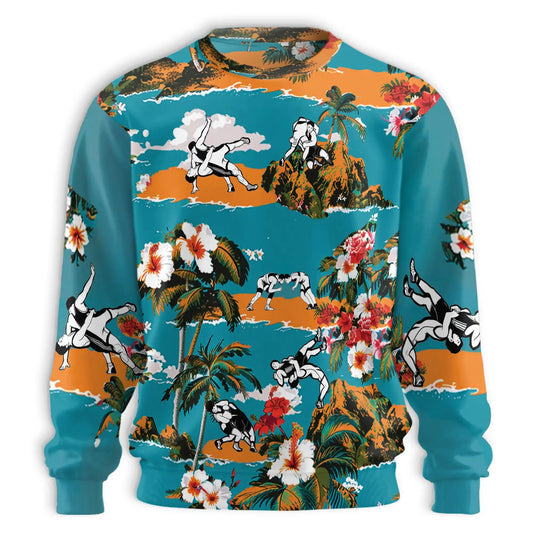 Wrestling Beach Sweatshirt, 3D All Over Print Tropical Wrestling Crewneck Pullover for Men Women, Wrestler Gift - Netecom