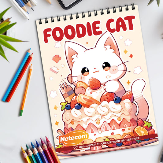 Foodie Cat Spiral Bound Coloring Book, Whimsical Foodie Cats for Culinary and Feline Fun, Ideal for Cat Lovers and Gourmet Enthusiasts Seeking Creative Joy