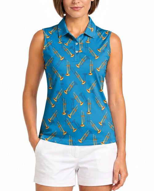 Trombone Pattern Sleeveless Polo Shirt for Women | Netecom