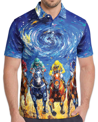 Horse Racing Starry Night Polo Shirt for Men – Artistic Equestrian Style | Netecom
