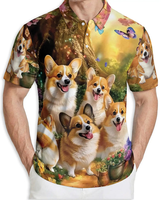 Cute Corgi Garden 3D Polo Shirt for Men – Fantasy Dog Nature Style | Netecom