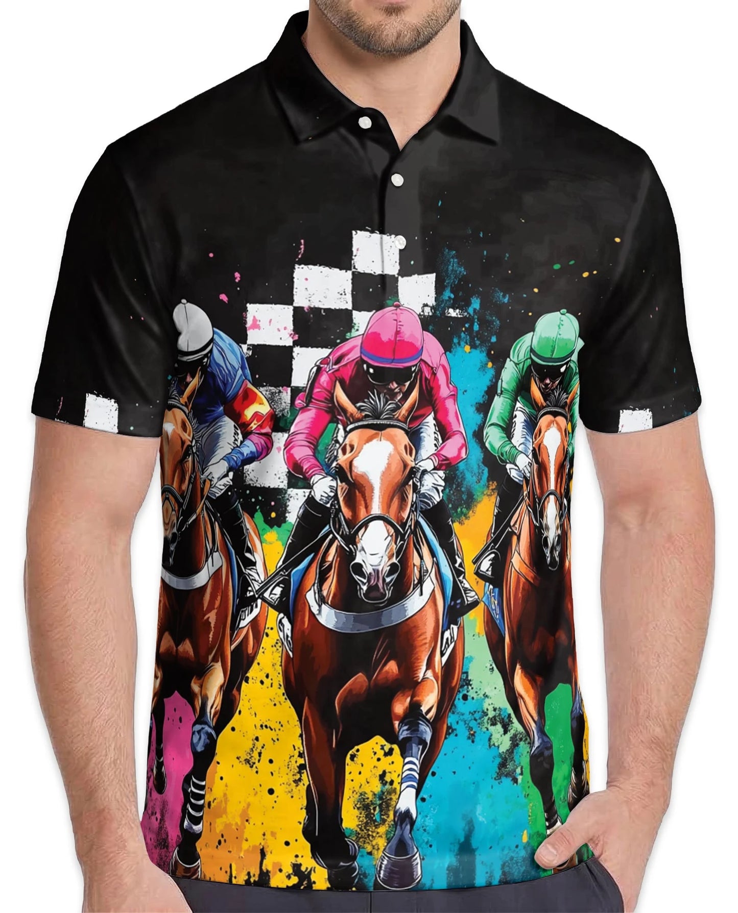 Artistic Colorful Horse Racing Polo Shirt for Men – Equestrian Art Style | Netecom