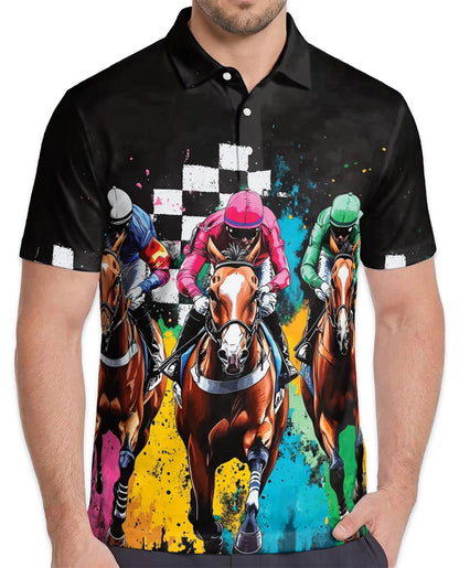 Artistic Colorful Horse Racing Polo Shirt for Men – Equestrian Art Style | Netecom
