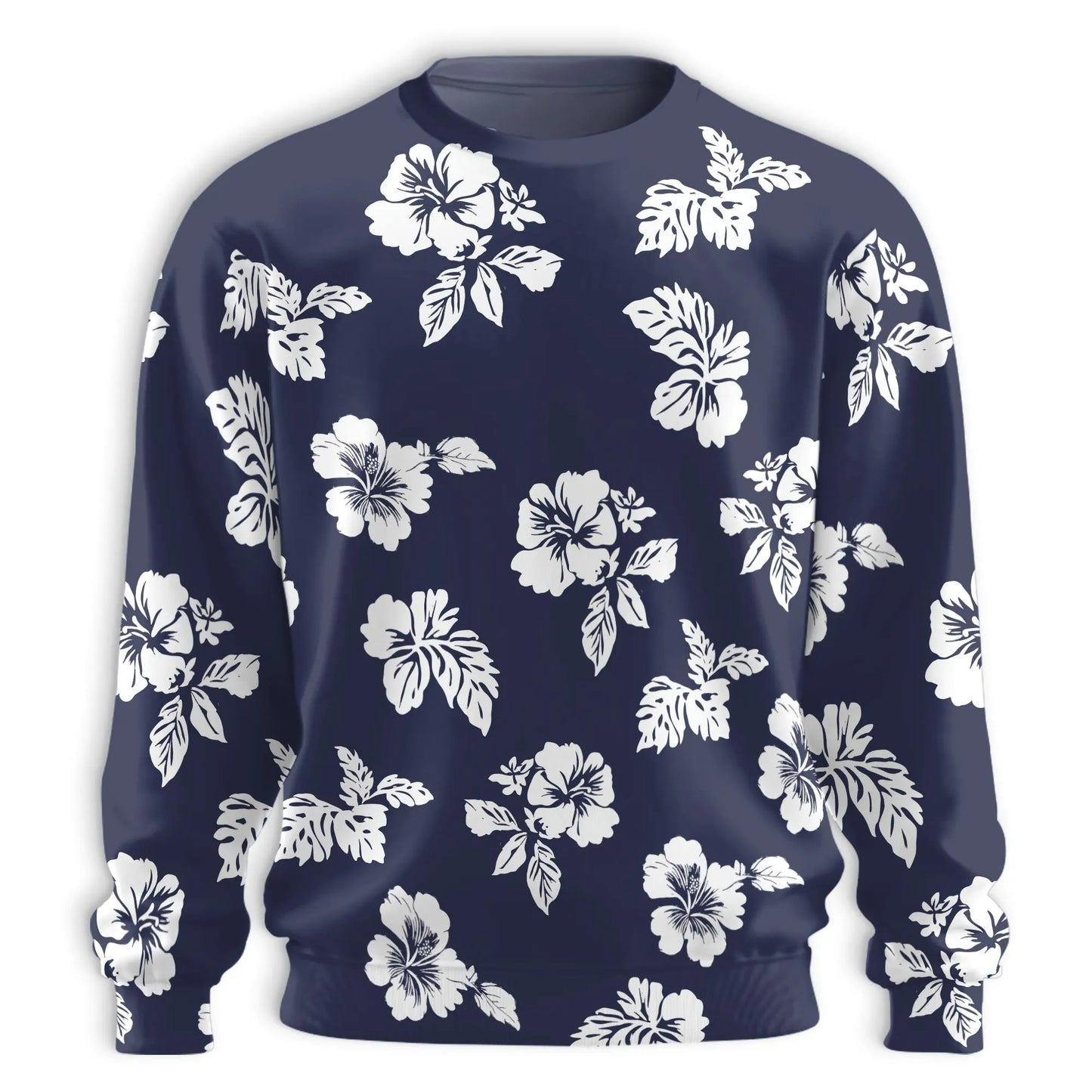 White Hibiscus Pattern Navy Blue Sweatshirt, 3D All Over Print Tropical Floral Crewneck Pullover for Men Women, Hibiscus Lover Gift - Netecom