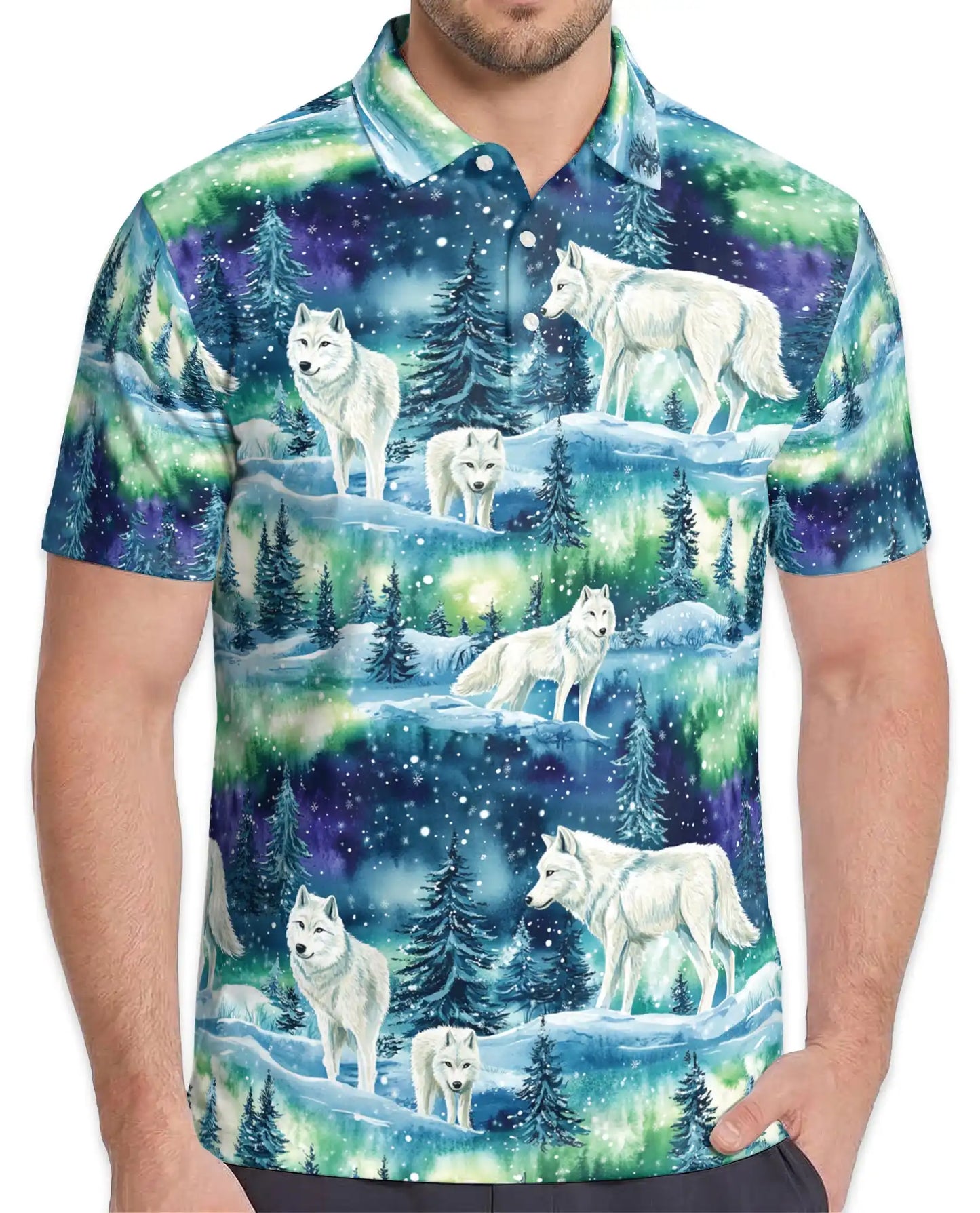 Wolf Aurora Polo Shirt – Northern Lights Winter Scene | Netecom