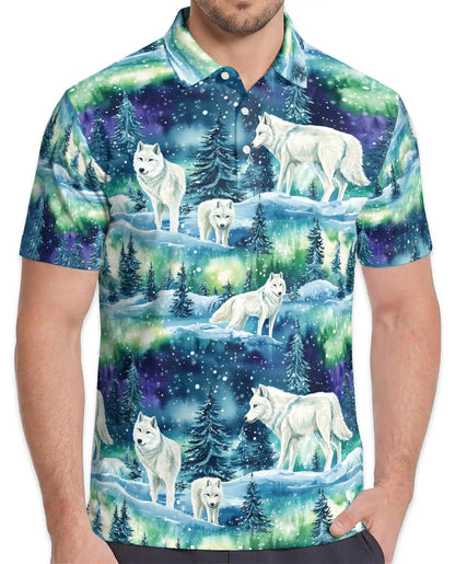 Wolf Aurora Polo Shirt – Northern Lights Winter Scene | Netecom