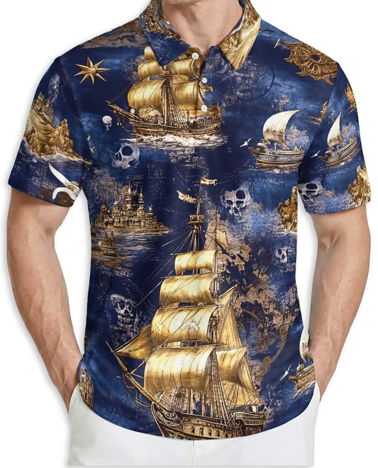 Vintage Pirate Ship 3D Polo Shirt for Men – Nautical Skull Ocean Style | Netecom