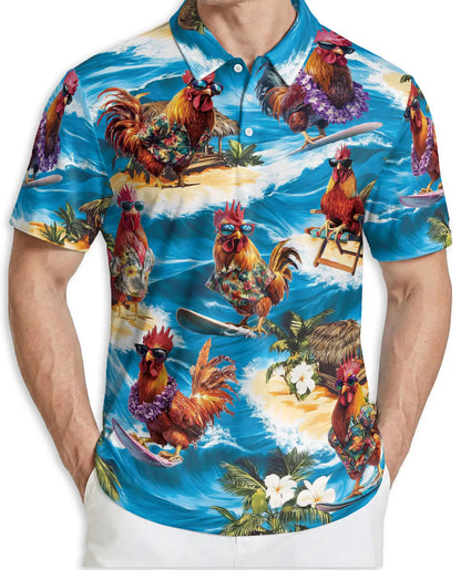 Surfing Rooster 3D Polo Shirt for Men – Funny Beach Chicken Style | Netecom