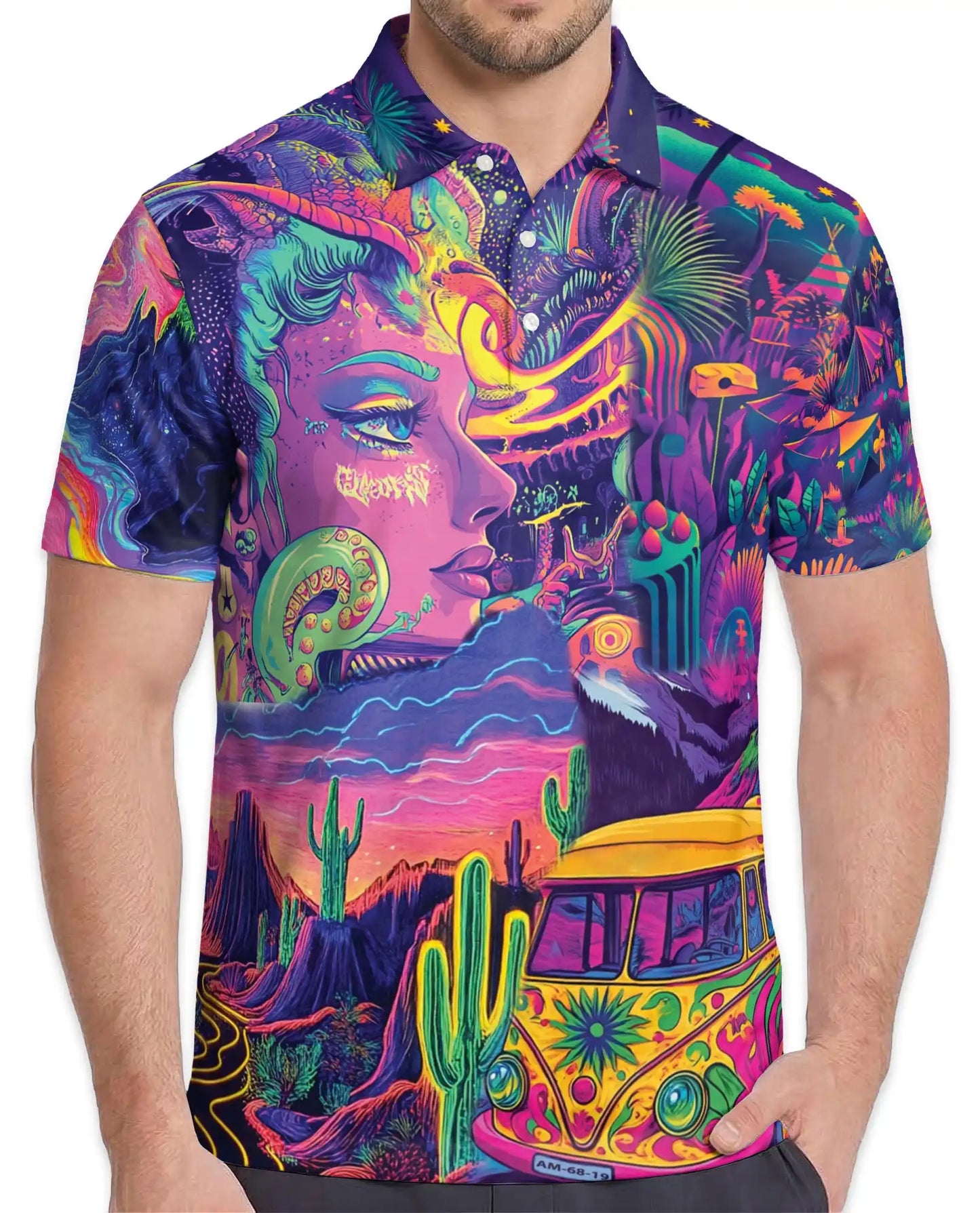 Psychedelic Desert Polo Shirt - Retro Festival Art Style | Netecom