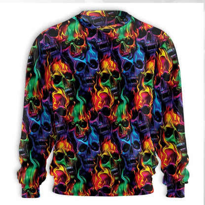 Flame Skull Sweatshirt, 3D All Over Print Fire Skull Crewneck Pullover for Men Women, Biker Gothic Skull Lover Gift - Netecom