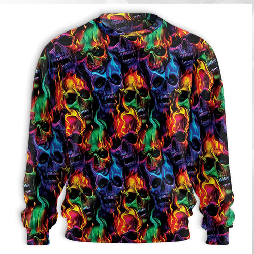 Flame Skull Sweatshirt, 3D All Over Print Fire Skull Crewneck Pullover for Men Women, Biker Gothic Skull Lover Gift - Netecom