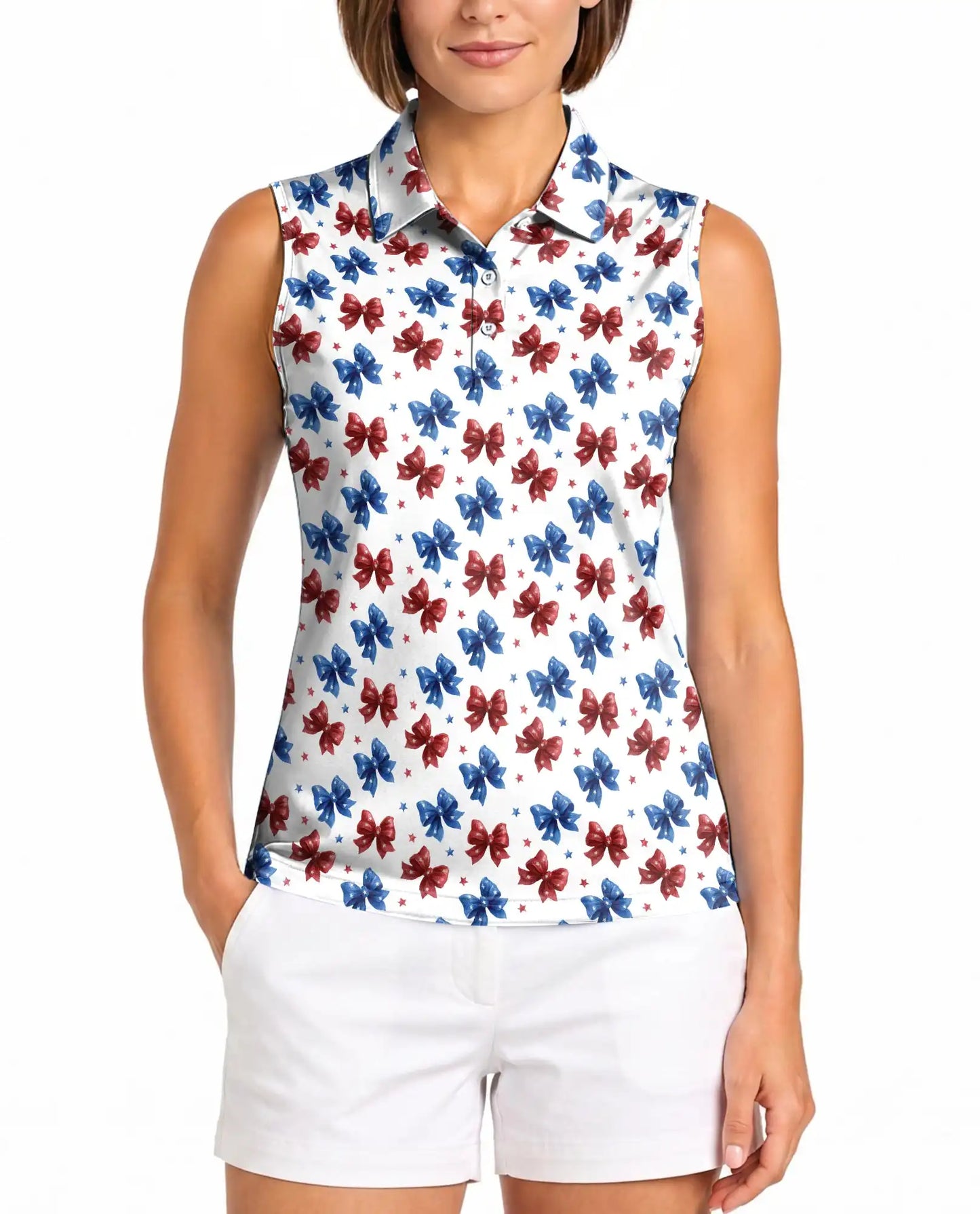 Patriotic Bow Print Sleeveless Polo Shirt for Women | Netecom