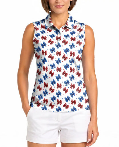 Patriotic Bow Print Sleeveless Polo Shirt for Women | Netecom