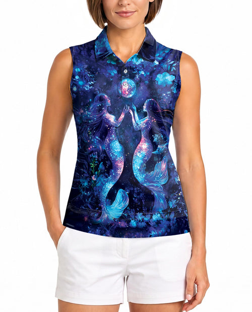 Black Floral Mermaid Sleeveless Polo Shirt for Women | Netecom