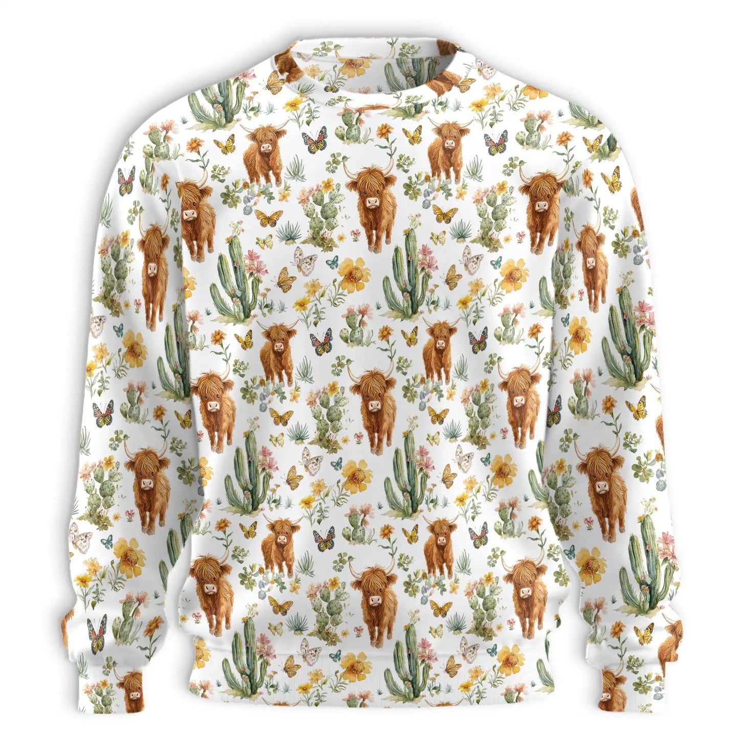 Cute Highland Cattle Sweatshirt, 3D All Over Print Fluffy Cow Crewneck Pullover for Men Women, Highland Cow Lover Gift - Netecom
